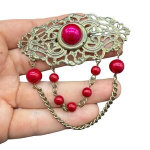 Vintage Jewelry Gold tone Victorian Brooch with dangling chains red beads pin